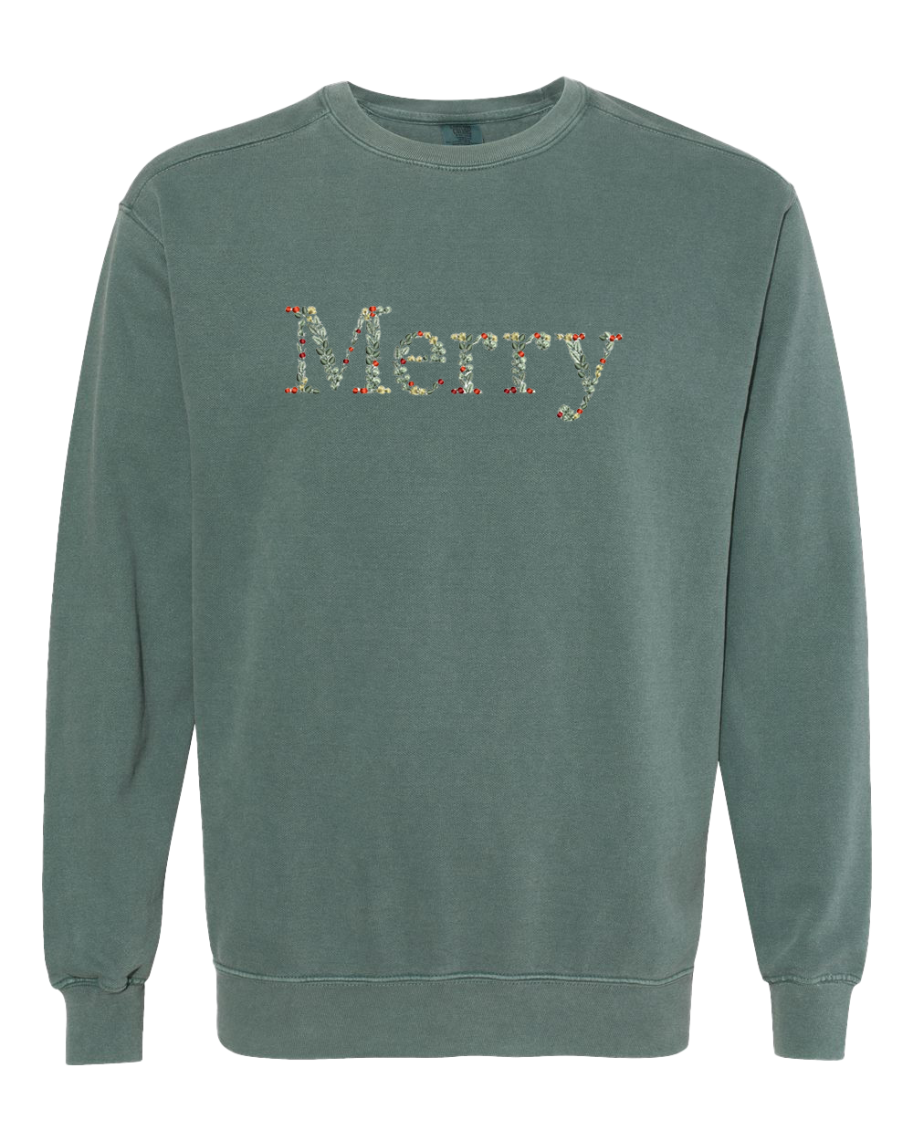 Merry Floral Embroidered Crew Sweatshirt - Blue Spruce