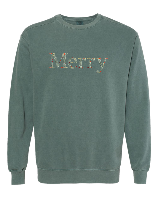 Merry Floral Embroidered Crew Sweatshirt - Blue Spruce